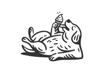 Dog and Cat Eating Ice Cream Hand Drawn Natural Illustration Stylized as Linocut Vector Isolated by AZ for Books, Arts, Design and Decoration Graphic Asset