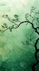 Tree Branches Silhouette with Fresh Green Leaves on Textured Green Backdrop