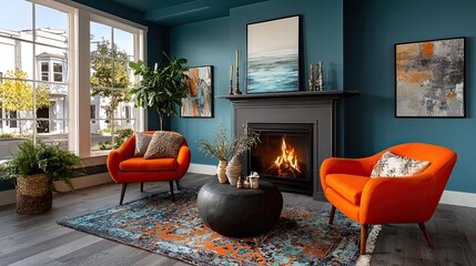 Teal-toned living room with vibrant orange chairs representing modern interior, color contrast, and cozy home vibe