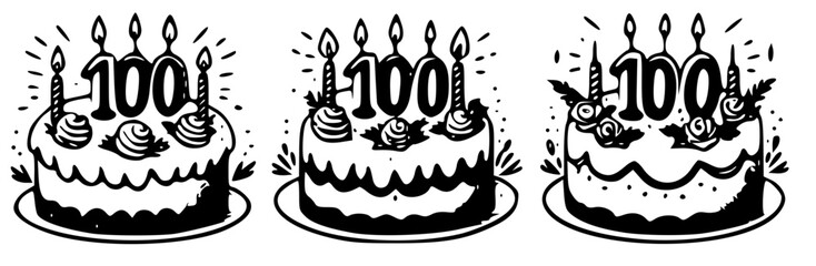 Three birthday cakes for a one hundred year old . Vector drawings