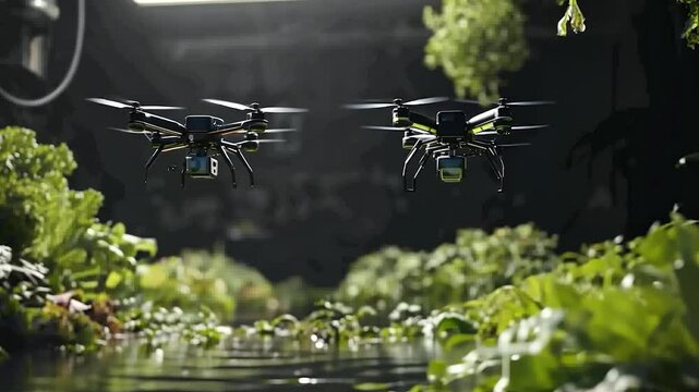 Two drones hover over a lush garden bed