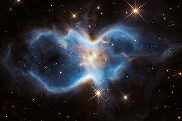 Fototapeta premium Deep space nebula emitting glowing blue and orange clouds with bright stars scattered throughout cosmic background, interstellar gas and dust forming intricate celestial patterns