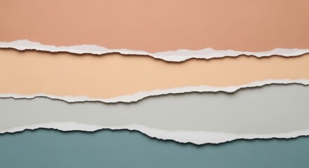 Torn paper layers in soft pastel colors form a minimalist abstract composition, with rough white edges contrasting gently against peach, beige, gray, and teal backgrounds.