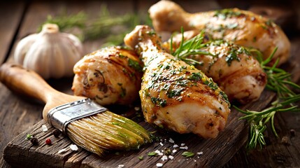 Chicken drumsticks mid-marination with herbs and brush