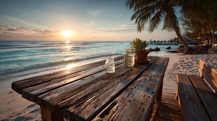 Tropical beach with wooden table and sunset in background ideal for vacation themes, travel ads, or summer dining