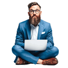 Focused Businessman Working on Laptop While Sitting Cross-Legged