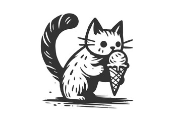 Dog and Cat Eating Ice Cream Hand Drawn Natural Illustration Stylized as Linocut Vector Isolated by AZ for Books, Arts, Design and Decoration Graphic Asset