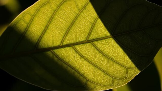 Detailed Close-Up of a Green Leaf with Shadow and Vein Structure