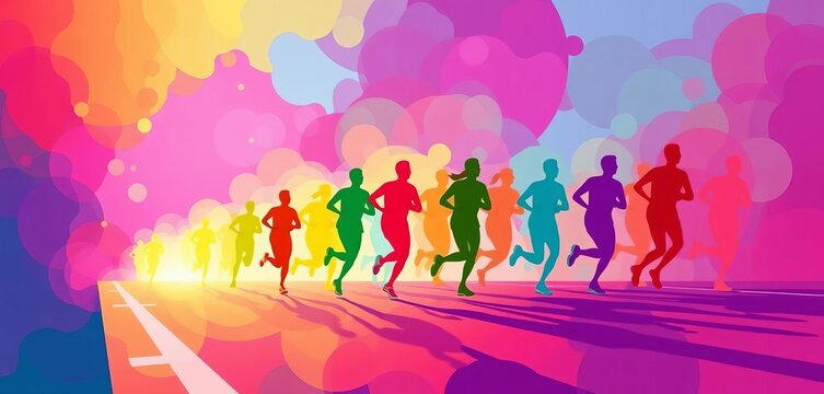 Abstract colorful silhouettes of runners in a marathon, dynamic vector art,  running event,  active lifestyle