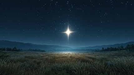 Shining star glowing over peaceful grassy field with mountain silhouette under a tranquil starry night sky