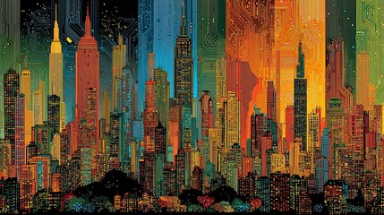 Obraz premium Vibrant digital cityscape with circuit patterns representing futuristic infrastructure, technology, and smart cities