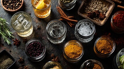 Flat lay of cocktail glasses beside BBQ seasoning jars