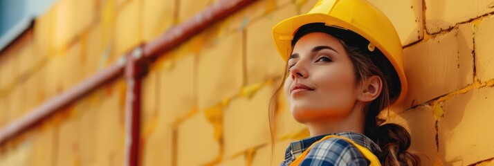 Celebrating national builder day with confidence and strength in construction. Horizontal banner. Copy space. International Workers Day. Safety and Health at Work. Woman builder in safety helmet