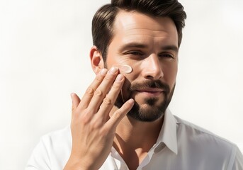 Caucasian man applies moisturizing cream to his cheek with his fingers on white background