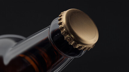 Closeup top view of a glass beer bottle with golden cap on black background, concept for packaging design and beverage branding