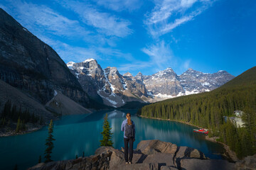 overlooking the moraine lake mountain range moraine lake, alberta, canada
