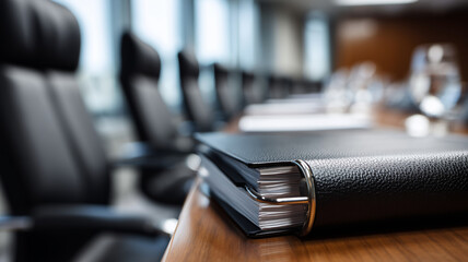 Close up of black leather binder with important documents on a polished wooden conference table in modern office setting with blurred background and no people