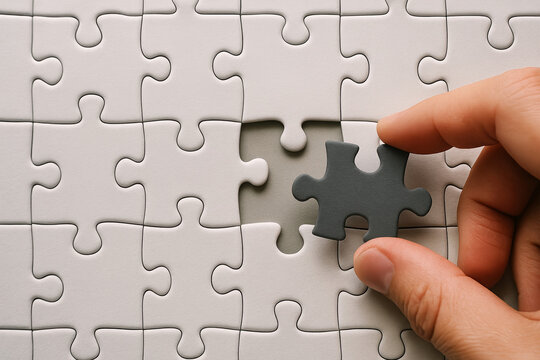 Top view of hand trying to fit a wrong shaped last piece into a white jigsaw puzzle, concept for failure