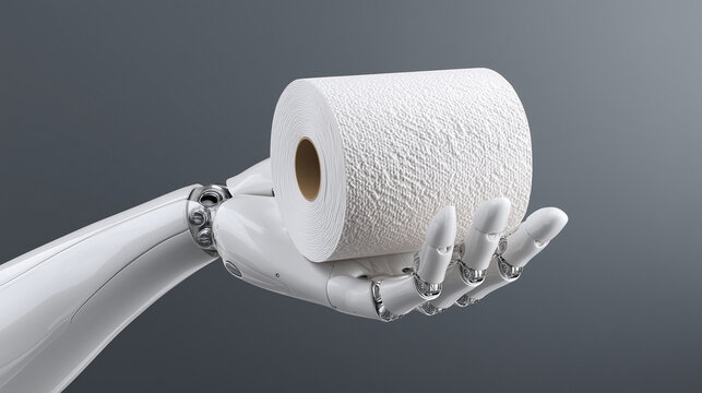 Futuristic robot hand offering help with paper in the toilet on gray background, concept for basic human needs served by AI