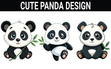 Naklejka premium Three adorable cartoon pandas sitting and holding bamboo stalks