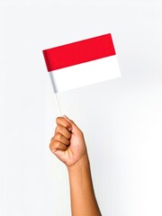 Human hand clenching the Indonesian flag, with a white background