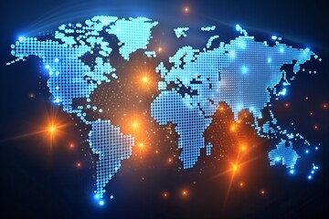 A glowing digital map of the world made up of blue and orange illuminated dots, symbolizing global connectivity and technology.