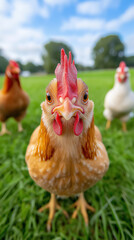 Fototapeta premium Close up of chickens in a green field during daylight hours