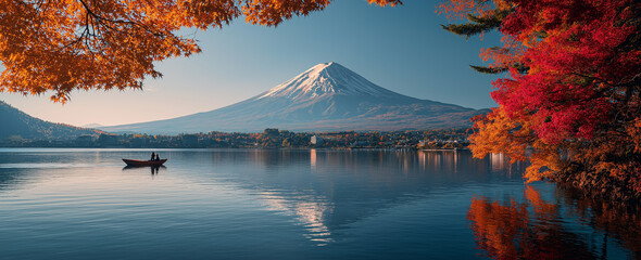 pink leaves and Mount Fuji in the background autumn scenery