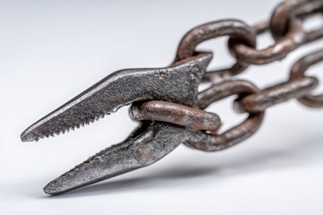 Obraz premium Close-up of rusty pliers gripping a chain link against a smooth background, showcasing wear