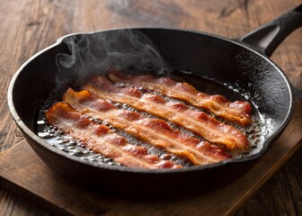 Fat intake concept. Crispy bacon sizzling in a cast iron skillet, perfect for breakfast.