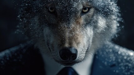 Wolf with corporate suit in abstract power scene representing dual nature, business dominance, and fantasy fusion