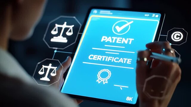 Person Reviews Blue Patent Certificate On a Tablet Surrounded By Law Icons In Dark Background