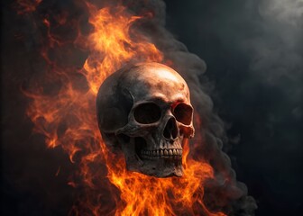 Skull Burning with Flames and Smoke Against a Dark Background