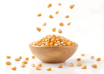 corn seeds flying in air isolated on white background
