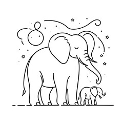 Mother Elephant and Baby under the Night Sky
