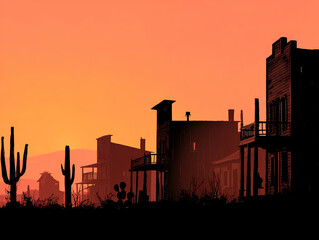 Silhouette of old western town at sunset.