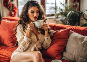 Latin woman drinking coffee sitting on sofa at home