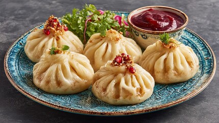 Traditional Georgian khinkali dumplings served on ceramic plate with pomegranate seeds and fresh herbs