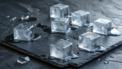 Melting Ice Cubes on Dark Slate Surface background