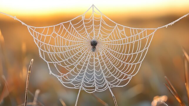 A spider sits in the center of its frosty web at sunrise.