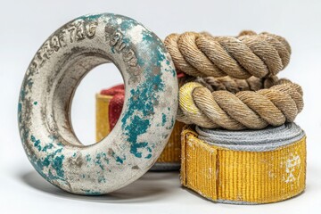 Close-up of worn-out weightlifting equipment, showcasing a rusted plate and frayed straps on a neutral background