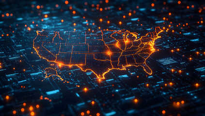 Digital Guardianship Across the Nation, USA map featuring protective cybersecurity icons over major cities, symbolizing vigilant safeguarding and continuous monitoring of critical national data resour