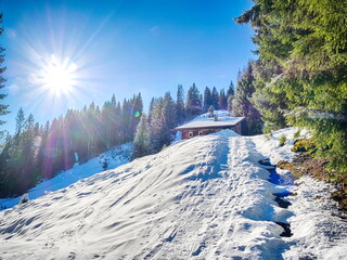 Obraz premium A snow covered hill with a cabin in the distance