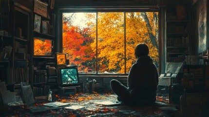 Fototapeta premium Autumn daydream through window