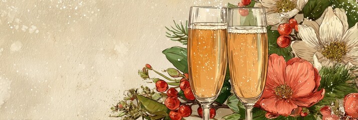 Celebration toast with champagne glasses surrounded by festive flowers in a cozy setting during a holiday gathering