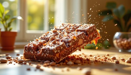a holographic chocolate construct, formed from countless shimmering particles, floats weightlessly, ethereal light washes over it, captured in a tracking shot with pronounced motion blur