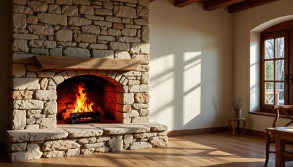 large traditional fireplace with a roaring fire casting dancing shadows, illuminating an empty mantle piece mockup shelf awaiting adornment; subtle technology interwoven within the stonework