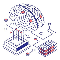 ısometric vector illustration of a glowing artificial intelligence brain made of circuit lines and data nodes, futuristic tech design, white background, flat colors
