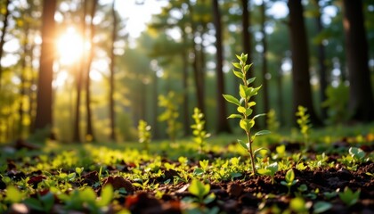 macro focus under the bright dawn illuminates a serene forest, newly reforested land where young saplings triumph in luminous green tones