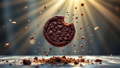 chocolate cookie crumbled, made by unseen hands, floating mid air, full body portrait, from mirror reflection refracting light, shimmering like heat haze, subject dominates the top portion